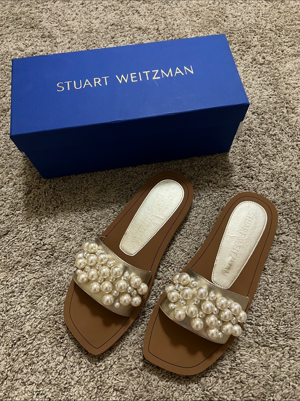 Stuart Weitzman pearl sandals.